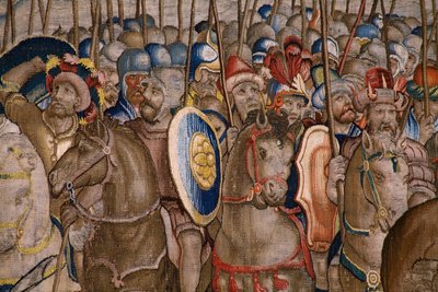 Tapeçaria flamenga. Série Os Actos de Cipião: A batalha em Zama. O cartoonista Giulio Romano. Atelier de Balthasar van Vlierden (?), Bruxelas. 1523-1532. Detalhe. de Giulio Romano