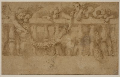 Quatro putti alados decorando uma balaustrada com guirlandas de Giulio Romano
