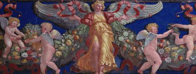 Friso da Câmera com Fregio di Amorini Frente do Friso de Cupido detalhe de um anjo em um vestido dourado com asas abertas, afresco de 1520 de Giulio Romano