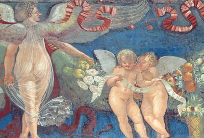 Friso da Câmara com Fregio di Amorini Câmara do Friso Cupido detalhe de dois putti e um anjo, detalhe afresco de 1520 de 106218 de Giulio Romano