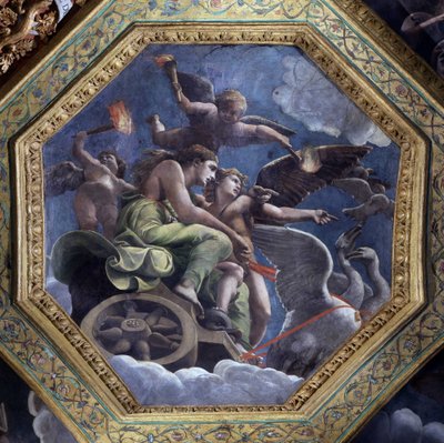 Vénus furiosa nomeia Psique para Cupido a fim de a castigar. Fresco de Giulio Pippi de