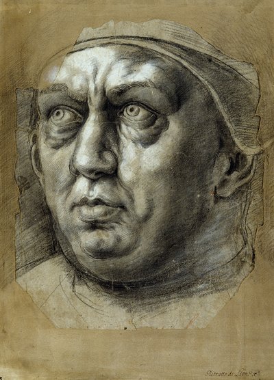 Cabeça do Papa Leão X (gizes a preto e branco sobre papel) de Giulio Romano