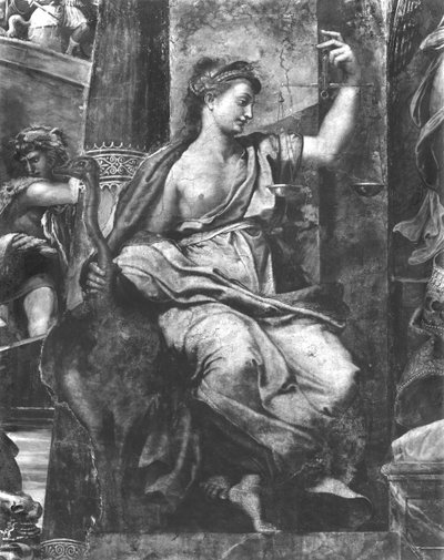 Justiça, uma das duas virtudes que cercam o Papa Santo I Urbano (d.230) Salas de Rafael (detalhe) (ver também 252782, 252783, 252785) de Giulio Romano
