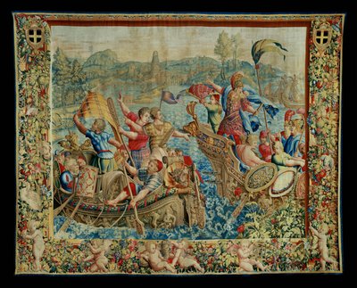 História de Cipião: Chegada a África, sexta peça de tapeçaria, lã e seda, tapeçaria ... de Giulio Romano