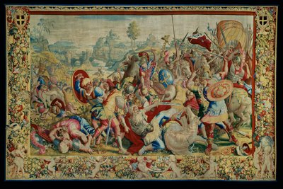 A História de Cipião: A Batalha de Ticino, primeira peça de tapeçaria, lã e seda, tapeçaria ... de Giulio Romano