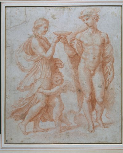 Mercúrio oferece o Cup of Immortality to Psyche (giz vermelho sobre papel branco) de Giulio Romano