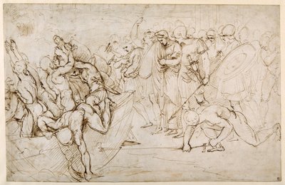 Neoptolomeu levando Andromache ao cativeiro após a queda de Tróia (caneta e tinta sobre papel) de Giulio Romano