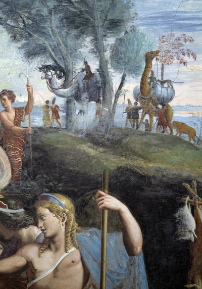 Banquete nobre (parede sul), pormenor: camelos e girafa. Fresco de Giulio Pippi de