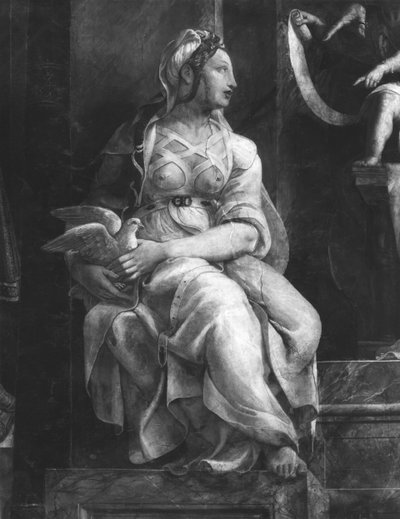 Uma das duas Virtudes que cercam o Papa Leão I, o Grande (c.390-461) Raphael Rooms (detalhe) (ver também 252779 e 252781) de Giulio Romano