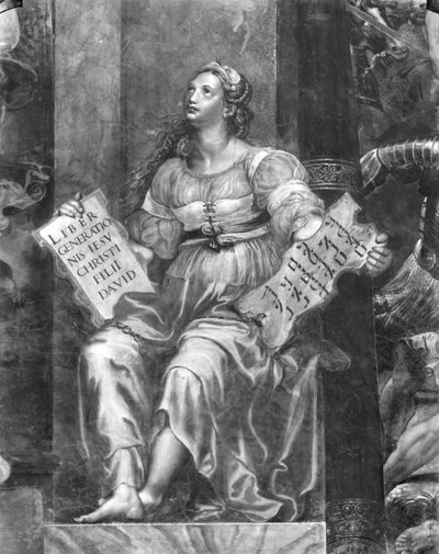 Religião, uma das duas figuras alegóricas em torno do papa Sylvester I (314-35) Raphael Rooms (detalhe) (ver também 252792 e 252793) de Giulio Romano