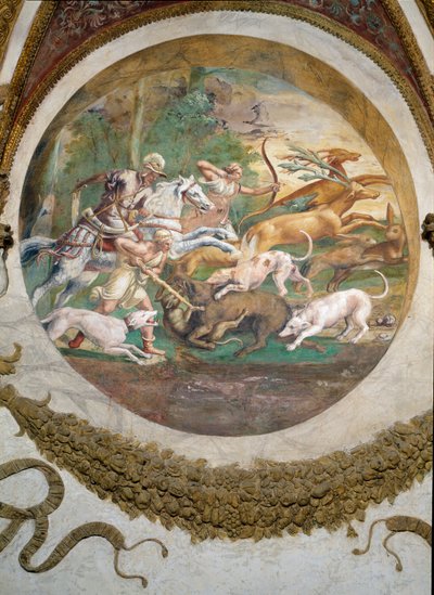 Cena mostrando que aqueles nascidos sob o signo de Câncer em conjunto com a constelação de Marte serão habilidosos em caça e pesca, simbolizados por uma cena de uma caçada, da Camera dei Venti, de Giulio Romano
