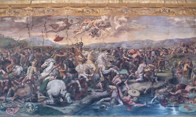 A Batalha da Ponte Milvian, na Sala de Constantino, Salas Raphael, c.1520-24 (fresco) de Giulio Romano