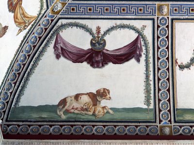 A câmera com Fregio di Amorini Câmara do detalhe de friso de Cupido de um cão e um filhote de cachorro, afresco de 1520 de Giulio Romano