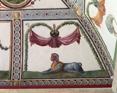 A Câmara com Fregio di Amorini Câmara do Friso de Cupido detalhe de uma esfinge, afresco de 1520 de Giulio Romano
