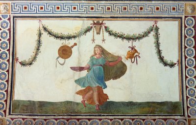 A Câmara com Fregio di Amorini Câmara do detalhe Cupid Frieze do teto representando uma mulher segurando uma tigela, afresco de 1520 de Giulio Romano