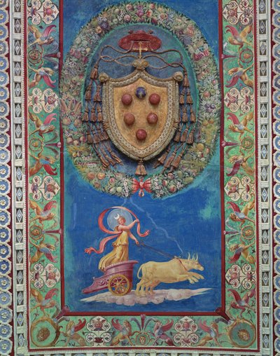 A Câmara com Fregio di Amorini Câmara do Friso de Cupido detalhe da área central do teto decorada com um relevo do brasão Medici e uma alegoria de noite, afresco e stu de 1520 de Giulio Romano