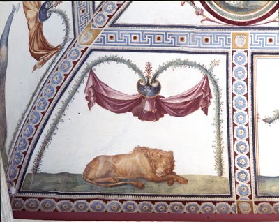 A câmera con fregio di Amorini Câmara do detalhe de friso de Cupido de um leão adormecido, afresco de 1520 de Giulio Romano