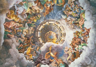 Os deuses do Olimpo, trompe l&39;oeil teto da Sala dei Giganti, 1528 de Giulio Romano