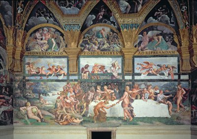 O Banquete Rústico celebrando o casamento de Cupido e Psique, com as três lunetas acima representando uma das provações de Psiquê para trazer de volta do Mundo Inferior uma jarra contendo a beleza de Proser de Giulio Romano