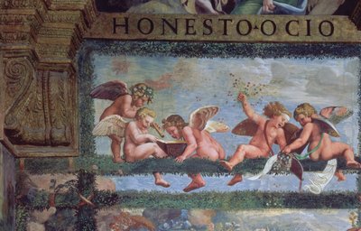 O Banquete Rústico, detalhe de putti fazendo música, da Sala di Amore e Psiche, detalhe 1528 fresco de 78428 de Giulio Romano