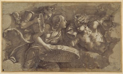 A Vestal Tuccia com a peneira (caneta e tinta marrom com lavagem marrom sobre papel) de Giulio Romano