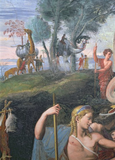 O banquete nobre que celebra o casamento de Cupido e Psique, detalhe mostrando a cabeça de Apolo com uma procissão de animais exóticos no fundo, da Sala di Amore e Psiche, 1528 de Giulio Romano
