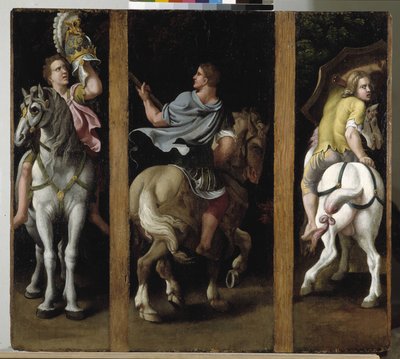 Três soldados romanos cavalgando de Giulio Romano