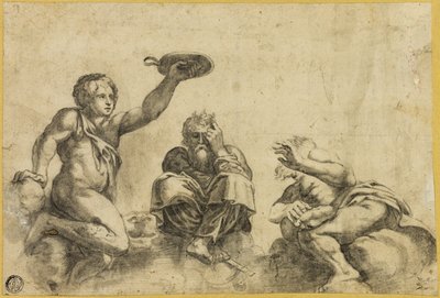 O tempo sentado nas nuvens, ladeado por dois outros anjos de Giulio Romano