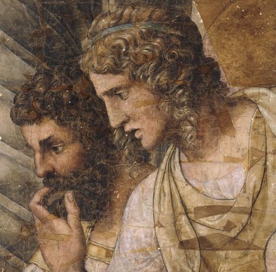 Dois homens, busto, olhando para baixo: um desenho animado para uma tapeçaria, de Giulio Romano