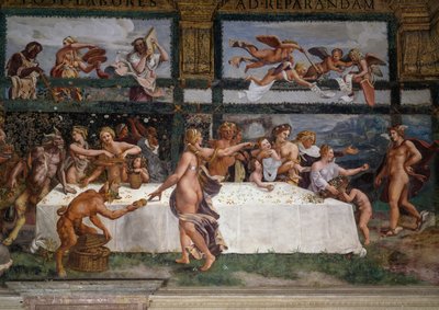 Festa de casamento ou Banquete dos deuses, afresco de Giulio Romano (1499-1546), parede oeste da Câmara de Cupido e Psique, Palazzo Te, Mântua (Lista do Patrimônio Mundial da UNESCO, 2008), Lombardia, Itália de Giulio Romano