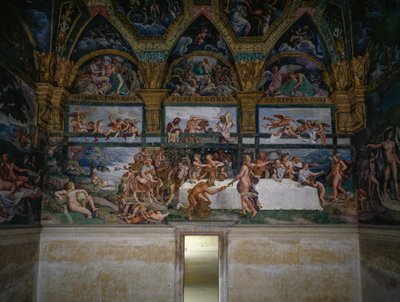 Festa de casamento ou Banquete dos deuses, afresco de Giulio Romano (1499-1546), parede oeste da Câmara de Cupido e Psique, Palazzo Te, Mântua (Lista do Patrimônio Mundial da UNESCO, 2008), Lombardia, Itália de Giulio Romano