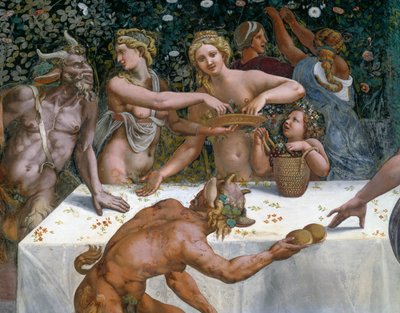 Festa de casamento ou Banquete dos deuses, afresco de Giulio Romano (1499-1546), parede oeste da Câmara de Cupido e Psique, Palazzo Te, Mântua (Lista do Patrimônio Mundial da UNESCO, 2008), Lombardia, Itália de Giulio Romano
