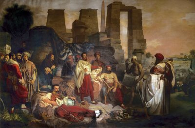 O egiptólogo Jean Francois Champollion sentado no centro, rodeado por Ippolito Rosellini e Gaetano Rossellini de Giuseppe Angelelli