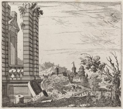 Fantástica paisagem fluvial com ruínas e um castelo de Giuseppe Antonio Landi