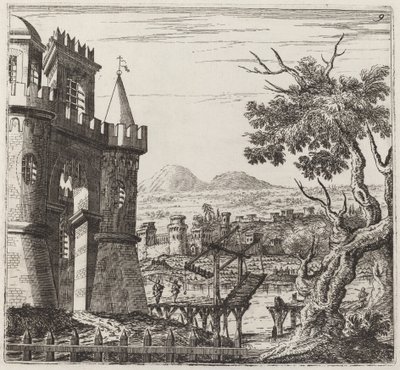 Paisagem com um castelo e uma ponte levadiça de Giuseppe Antonio Landi