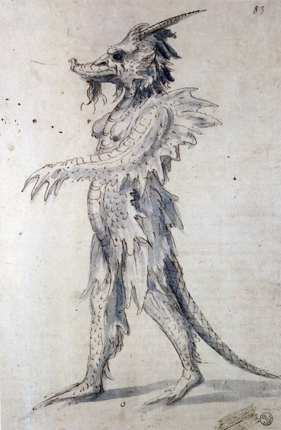 Design para um dragão (caneta, tinta azul e aquarela sobre papel) de Giuseppe Arcimboldo