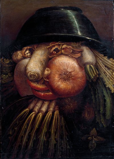 Retrato com legumes (The Maraicher). Entre os legumes e frutas representados: nozes, rabanete, cogumelos, alho, castanha, cebola, salada, avelã e nabo. Pintura de Giuseppe Arcimboldi (Arcimboldo) (1527-1593) Cremona, Pinacoteca Comunale de Giuseppe Arcimboldo