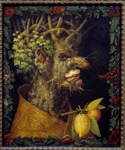 Alegoria de Inverno sobre as estações do ano. Pintura de Giuseppe Arcimboldo (1527-1593) Sol do século XVI. 0,76x0,63 m - Inverno (de uma série que retrata as quatro estações) - Pintura de Giuseppe Arcimboldo (1527-1593), óleo sobre tela (76x63 cm) de Giuseppe Arcimboldo