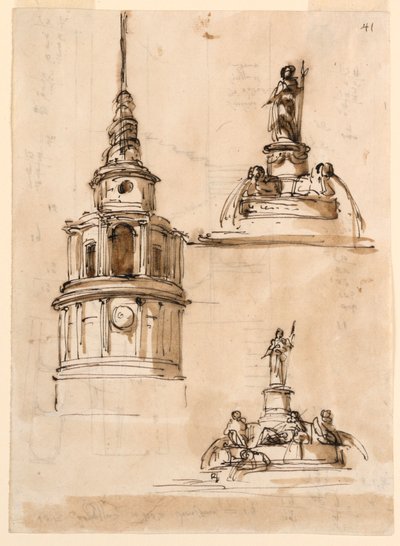 Elevação de uma torre; fontes; Escadaria de Giuseppe Barberi