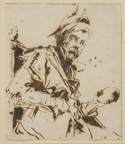 Macho de meio comprimento sentado em uma cadeira usando um chapéu de penas e segurando uma caveira (?) na mão esquerda de Giuseppe Bernardino Bison
