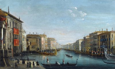 Vue du Grand canal depuis le palais Balbi, vers le pont du Rialto, avec une regate - Vista do Grande Canal do Palazzo Balbi olhando para a Ponte do Rialto com uma Regata par Bison, Giuseppe Bernardino (1762-1844). Óleo sobre tela, tamanho : 48,9x81,9, de Giuseppe Bernardino Bison