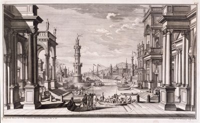 Pequeno porto com colunas de estilo barroco, de &39;Architectus Theatralis Primarius&39;, publicado em 1740 de Giuseppe Bibiena