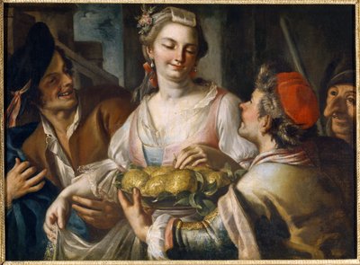 Carnaval. Cena de uma festa popular em Veneza, um jovem oferece uma bandeja de fruta a uma jovem que pega numa maçã, rodeada de personagens, uma das quais tem uma máscara grotesca da commedia dell