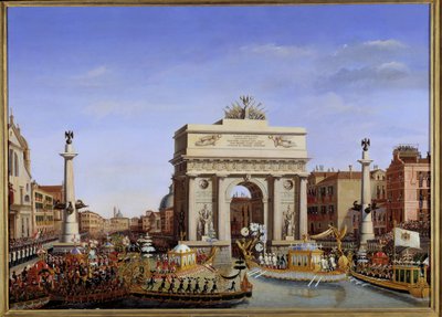 Visita de Napoleão I a Veneza de 28 de Novembro a 8 de Dezembro de 1807: entrada do Imperador em gôndola na Procissão do Grande Canal das gôndolas. Pintura de Giuseppe Borsato (1771-1849) Sol do século XIX. 0,65x0,90 m. - Visita de Napoleão a Veneza, de 28 de Giuseppe Borsato