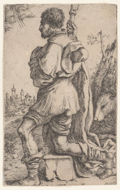 São Roque, ajoelhado sobre uma pedra, visto de lado com seu cachorro atrás dele..., 1620-30. de Giuseppe Caletti
