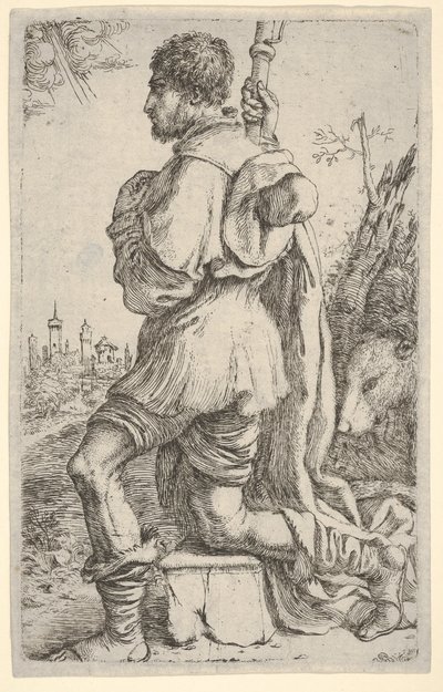 Saint Roch, ajoelhado em uma pedra, visto de lado com seu cachorro atrás dele e uma cidade ..., 1620-30. de Giuseppe Caletti