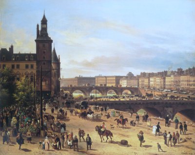 O mercado de flores, a Torre do Relógio, a Pont au Change e a Pont Neuf de Giuseppe Canella