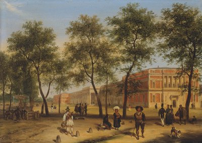 Vista presumida do Paseo del Prado com o Museu do Prado, Madri, 1827 de Giuseppe Canella