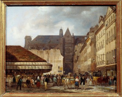 Rue des Prouvaires e a igreja de Saint Eustache (Quartier des Halles) em Paris. Pintura de Giuseppe Canella (1788-1847) Ec.ital. de Giuseppe Canella
