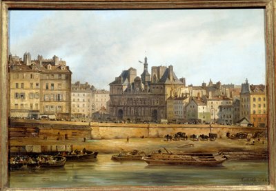 A Câmara Municipal e o lugar de Greve visto da Ile de la Cite em Paris. Pintura de Giuseppe Canella (1788-1847) EC.ITAL. de Giuseppe Canella